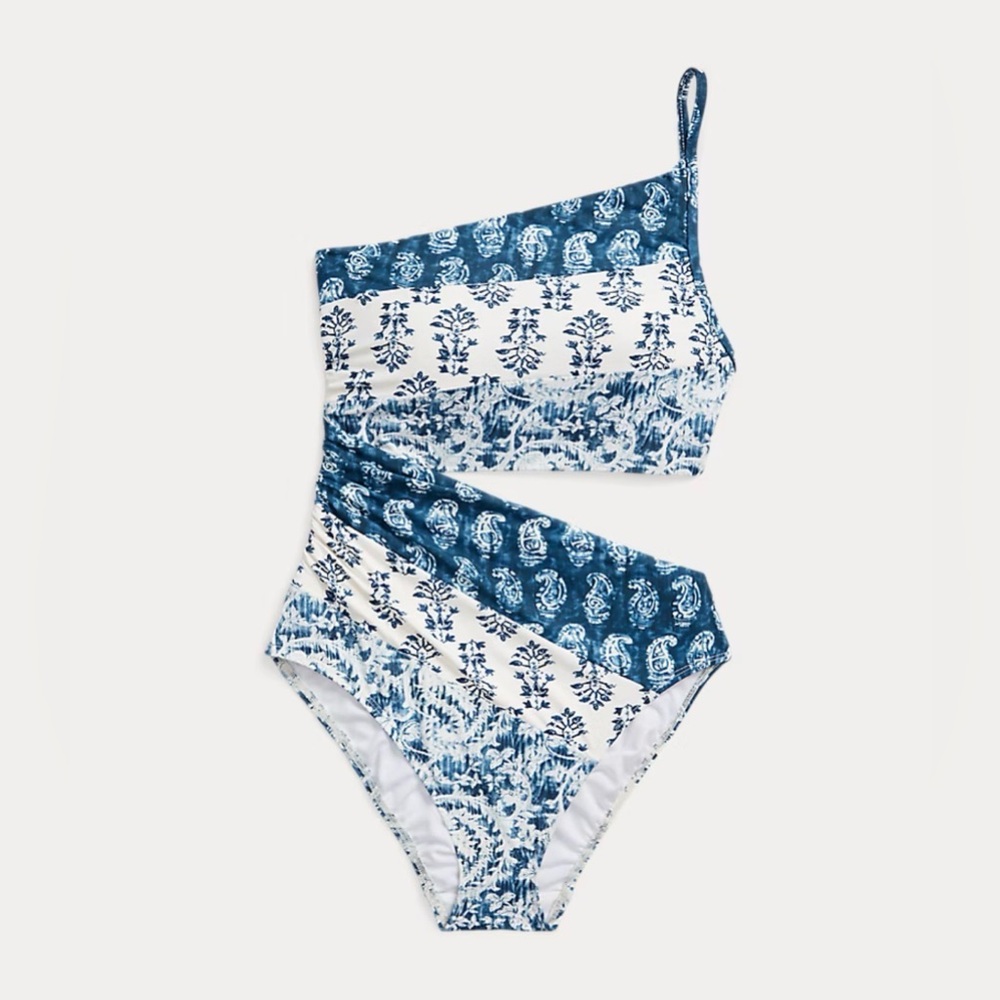 Lauren Ralph Lauren Blue and White Cutout One-Piece Swimsuit